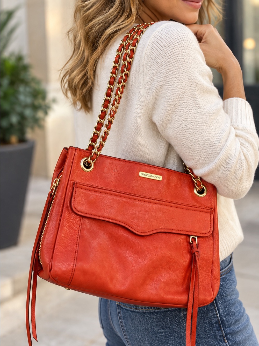 Rebecca Minkoff Orange-Red Leather Chain-Handle Shoulder Bag